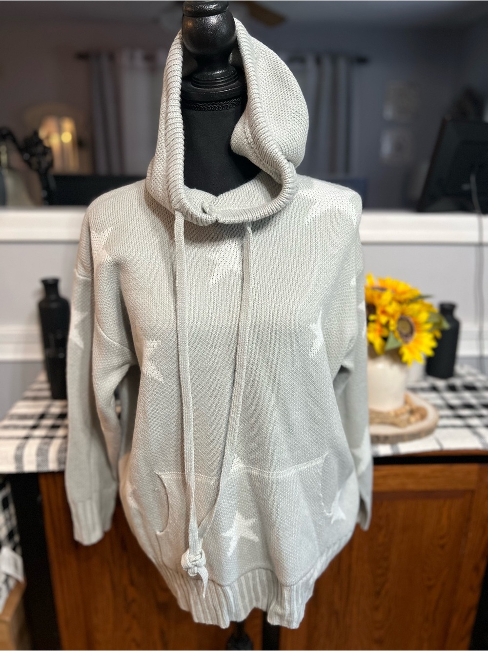 Cozy Star-Pattern Cowl Neck Hooded Sweater Hoodie - Light Gray EUC